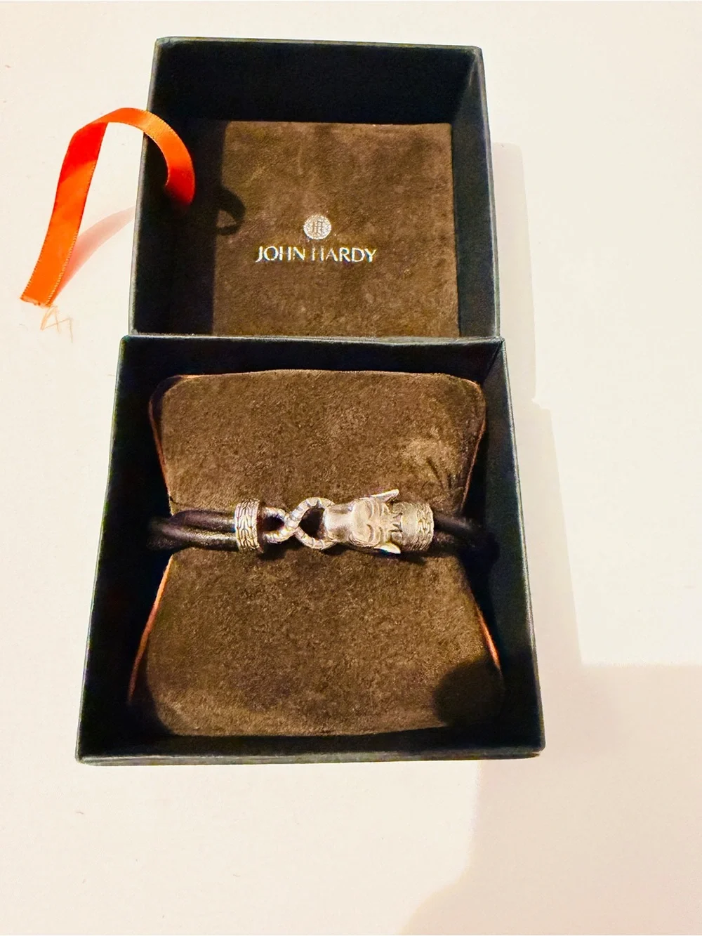 John Hardy Black Leather Bracelet with Silver Dragon Head Accent..PLEASE NO  BOX